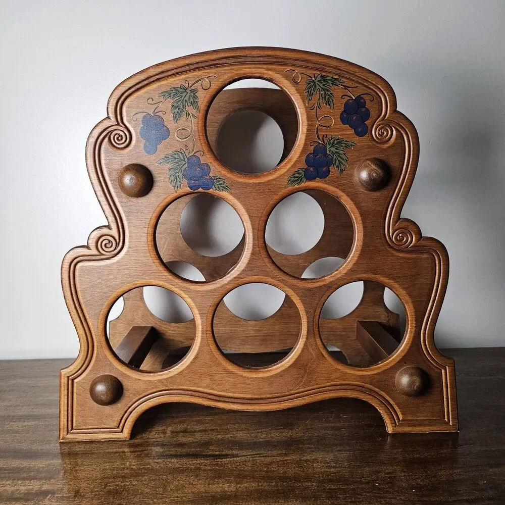 Vintage 1980s Wooden Wine Rack Hand Painted Grapes Holds 6 Bottles Rustic